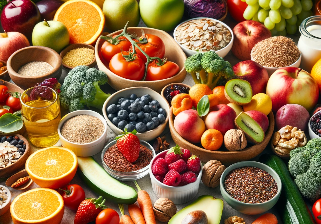 Assortment of healthy foods including fruits, vegetables, and lean proteins, essential for dietary balance in a fitness transformation journey