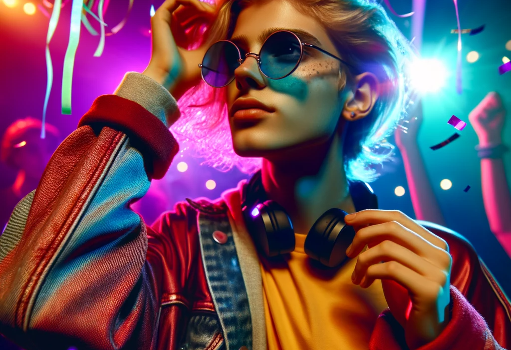 Energetic young adult dancing at a vibrant nightclub, symbolizing life in the 20s, before embarking on a fitness transformation journey.