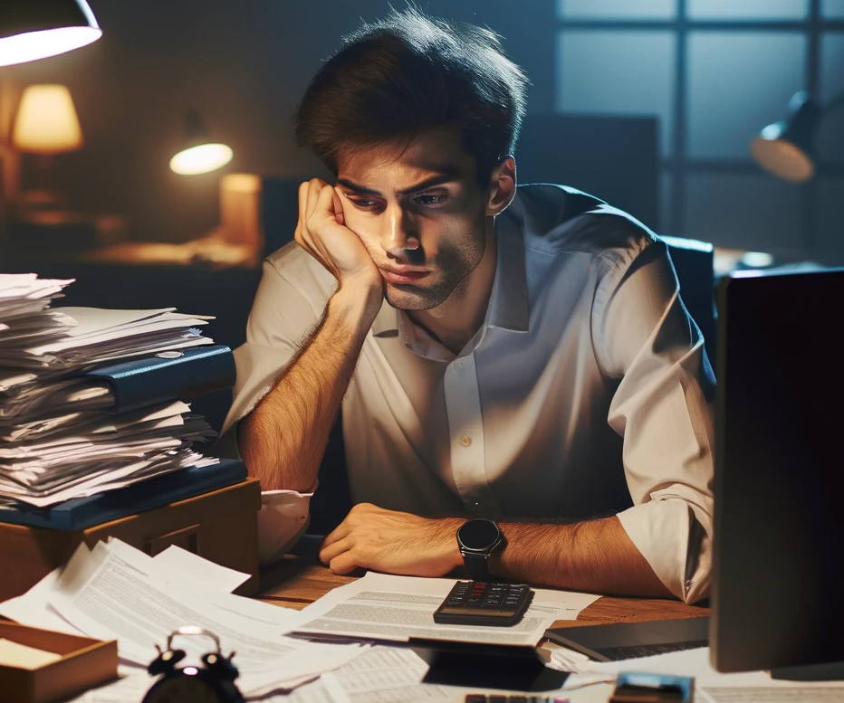 Exhausted individual surrounded by work, epitomizing the sedentary lifestyle that leads to seeking a fitness transformation